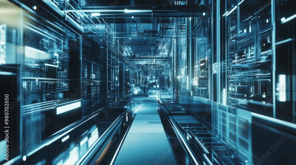 Obraz premium Futuristic, high-tech server room, advanced data center, glowing lights, modern technology concept