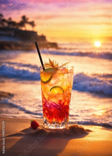 Cocktail on the beach at sunset. Colorful summer background. ai generative