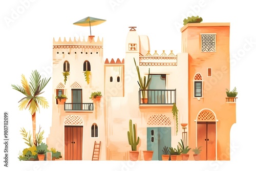 Arabic architecture. Beautiful street with houses in Spanish style. Watercolor sketch of morocco houses for travel poster.