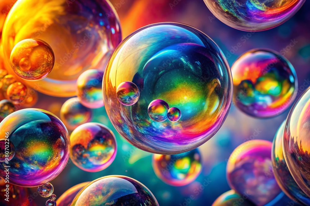 Vibrant, iridescent soap bubbles in a kaleidoscope of colors, floating against a bright, gradient background, showcasing mesmerizing optical effects in breathtaking close-up detail. Vibrant, iridescent soap bubbles in a kaleidoscope of colors, floating against a bright, gradient background, showcasing mesmerizing optical effects in breathtaking close-up detail.