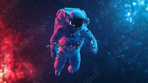 Astronaut floating in outer space, colorful cosmic background showcasing nebula and stars, space exploration concept