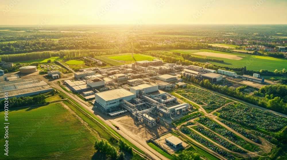 Fototapeta premium Industrial factory surrounded by green fields, aerial view of manufacturing plant during sunset, industrial production concept