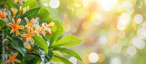 Orange jessamine plant on tree with natural backdrop suitable for a copy space image with white bokeh photo