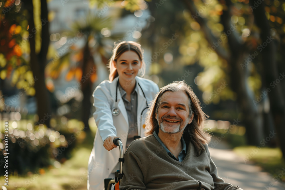 Caregiver Pushing Wheelchair in Autumn Setting with Elderly Person Enjoying Nature Walk Together on a Sunny Day Caregiver Pushing Wheelchair in Autumn Setting with Elderly Person Enjoying Nature Walk Together on a Sunny Day