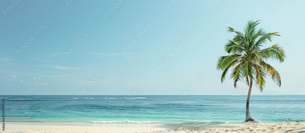 Fototapeta premium Tropical beach with a palm tree offers a serene setting with a copy space image