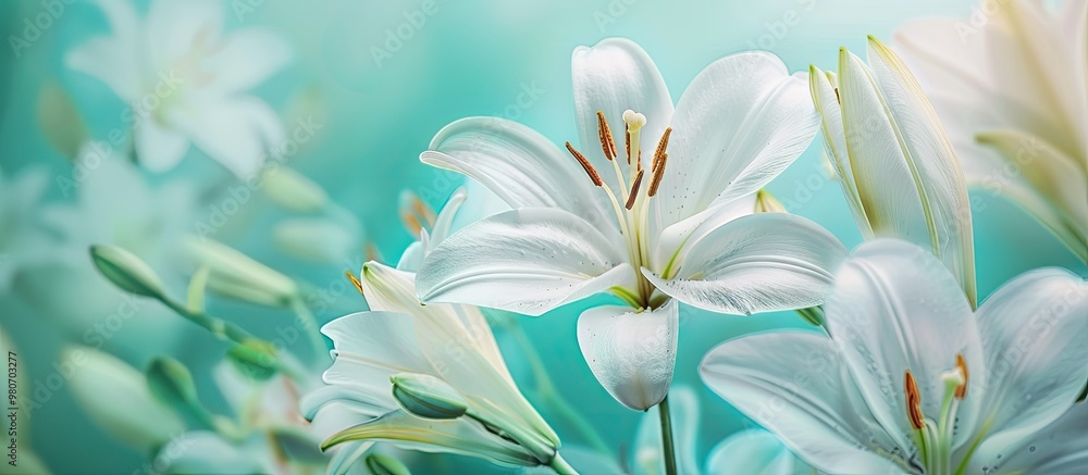 Obraz premium White Easter Lily flowers in garden blooming with a turquoise background as Lilium Candidum flowers blossom in a sunny summer day with large white petals creating a copy space image
