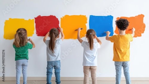 Group of children painting a giant mural on a wall, each adding their own unique touch, symbolizing creativity and collaboration, Children, creativity, art, teamwork photo