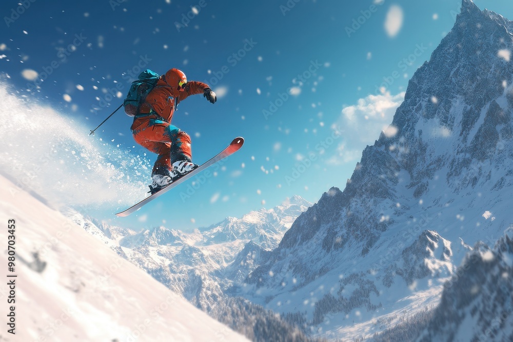 A skier performs a jump in a snowy mountain landscape under a clear blue sky. A skier performs a jump in a snowy mountain landscape under a clear blue sky.