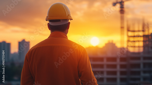 A construction worker in hard hat gazes at stunning sunset over city skyline, reflecting on days work and future projects.