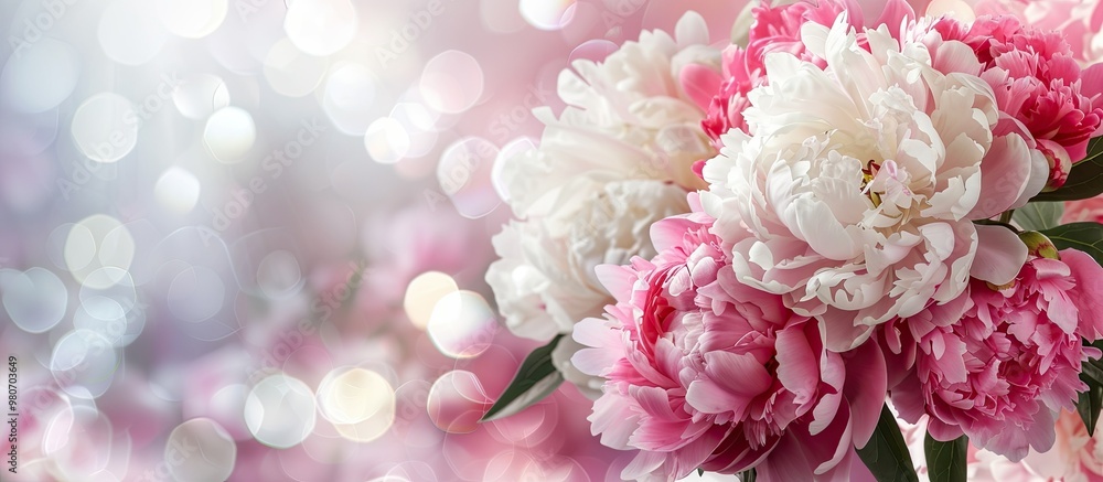 Pink and white peonies creating a stunning display on a bright backdrop with room for text or other elements in the image. with copyspace image Pink and white peonies creating a stunning display on a bright backdrop with room for text or other elements in the image. with copyspace image