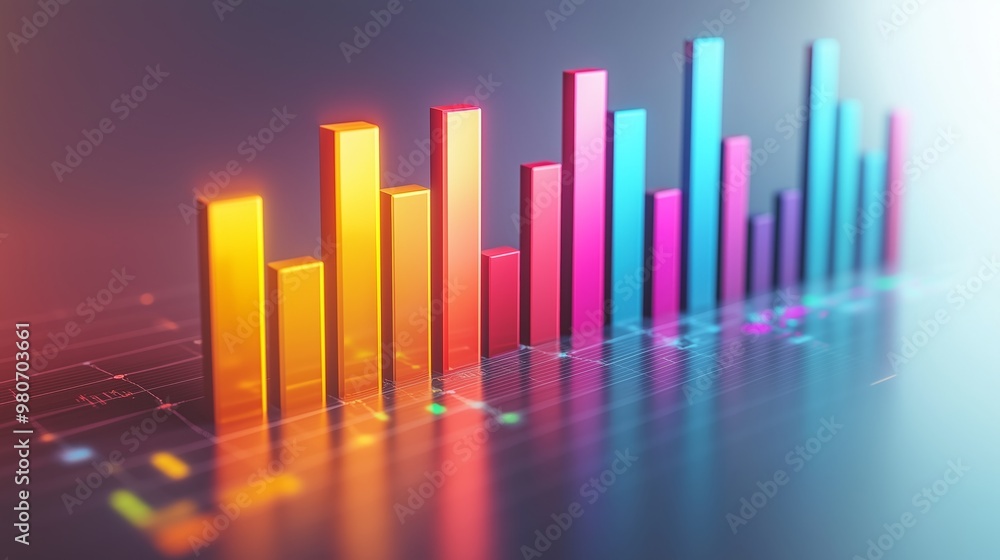 A vibrant 3D bar graph in various colors displaying statistical data, representing growth and trends in a modern digital format. A vibrant 3D bar graph in various colors displaying statistical data, representing growth and trends in a modern digital format.