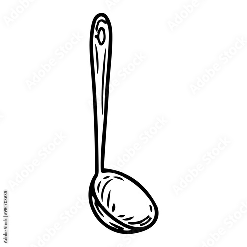 Ladle hand drawn doodle. Food scooping device. Big spoon. Tableware. Kitchen utensils. Household appliance. Vector sketch line art illustration.