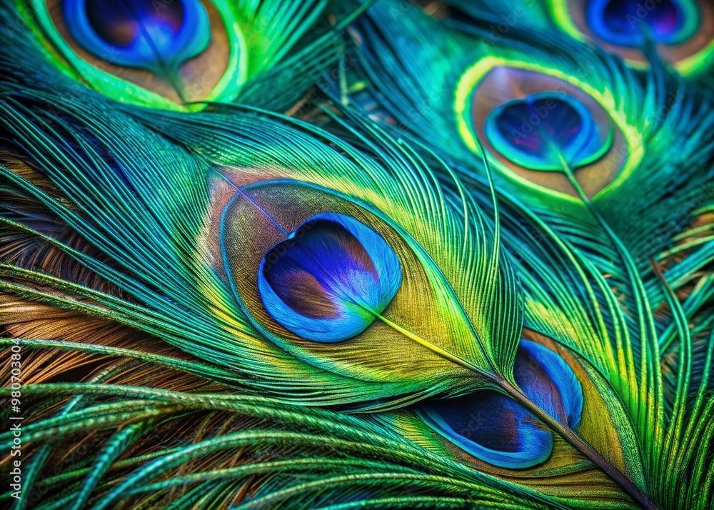 Fototapeta premium Vibrant iridescent blues and emerald greens swirl together in mesmerizing patterns on a macro close-up of an abstract peacock feather's exotic texture.