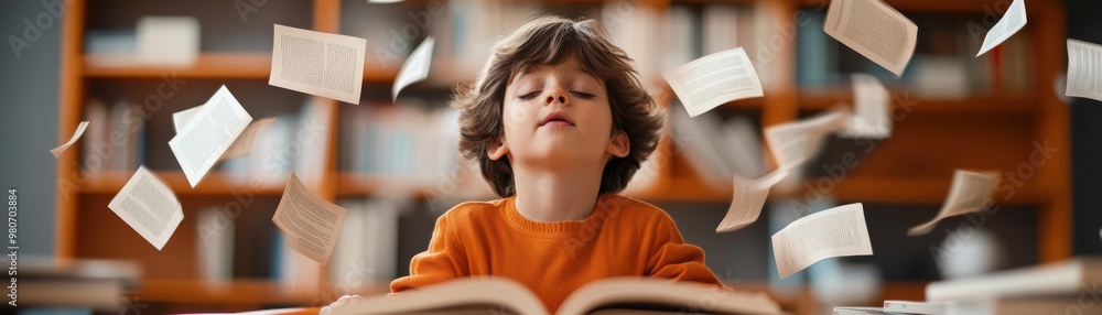 Child surrounded by books with pages flying in the air Child surrounded by books with pages flying in the air