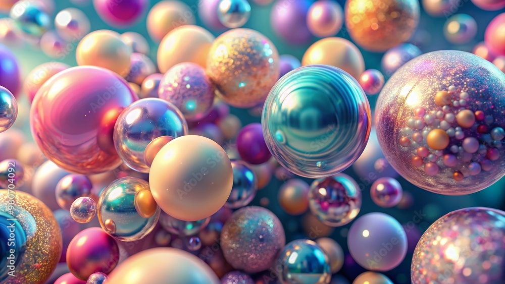 Vibrant, shimmering 3D spheres in pastel hues, varying in size, scattered randomly against a seamless, soft-focus background, evoking a sense of futuristic, dreamlike wonder. Vibrant, shimmering 3D spheres in pastel hues, varying in size, scattered randomly against a seamless, soft-focus background, evoking a sense of futuristic, dreamlike wonder.