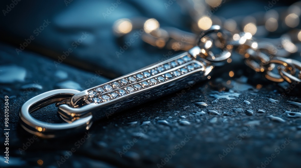 A close-up of a shiny jewelry piece with sparkling details against a wet surface. A close-up of a shiny jewelry piece with sparkling details against a wet surface.