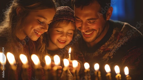 Family Celebrating Hanukkah Lighting Menorah photo