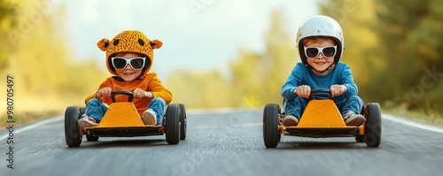 Children racing soapbox cars down a hill, the cars designed like wild animals, symbolizing creativity and the thrill of play, Kids, play, racing, creativity