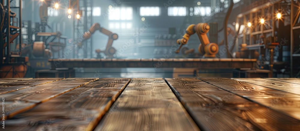 The wooden table offers a clear area for an advertising product placement set against a backdrop of a factory with robotic arms providing a copy space image The wooden table offers a clear area for an advertising product placement set against a backdrop of a factory with robotic arms providing a copy space image