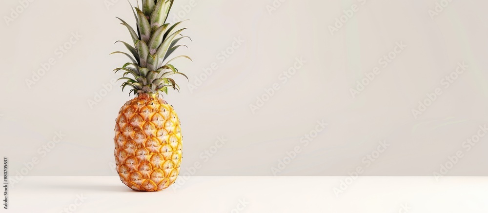 A small yellow to orange pineapple fruit looks fresh against a white backdrop with available copy space image A small yellow to orange pineapple fruit looks fresh against a white backdrop with available copy space image