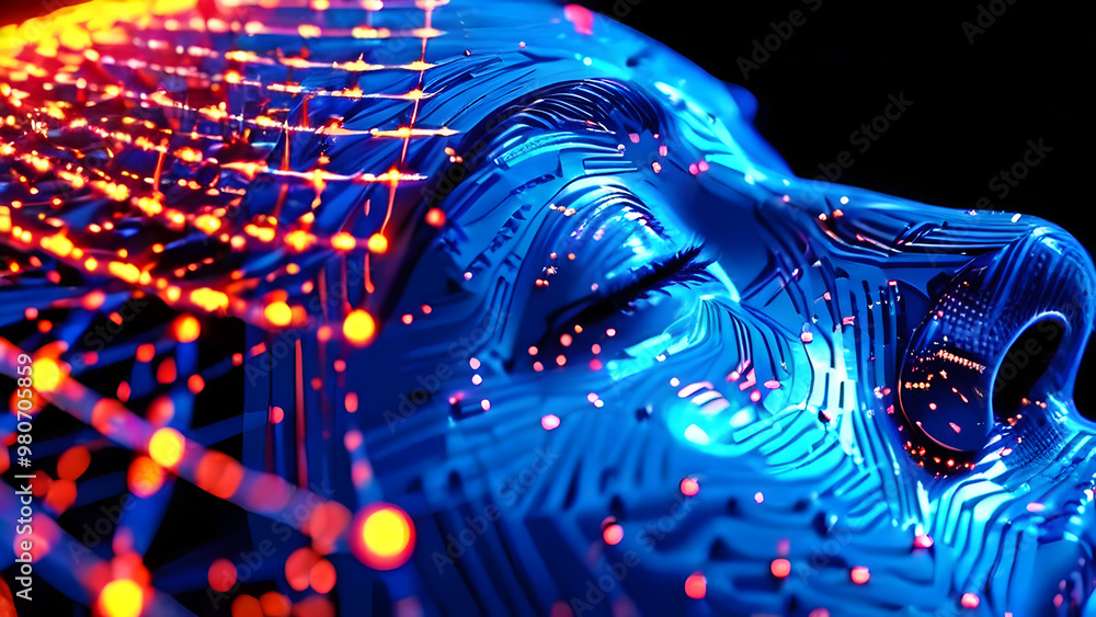 Visually represent the flow of data or light in the form of a human