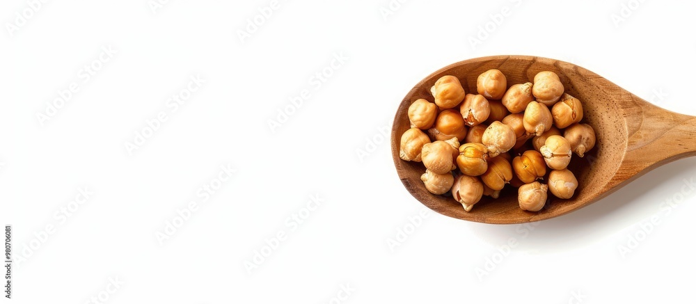 A wooden spoon holds roasted chickpeas on a white background with copy space image also called Bengal gram or Egyptian pea A wooden spoon holds roasted chickpeas on a white background with copy space image also called Bengal gram or Egyptian pea