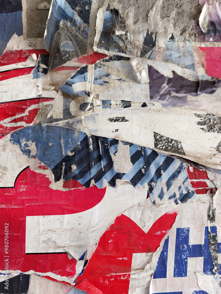 Obraz premium Vertical torn and ripped street poster background, messy and retro weathered paper collage