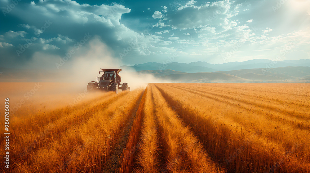 Tractor Working in a Field of Ripe Wheat on a Sunny Day. Generative AI Tractor Working in a Field of Ripe Wheat on a Sunny Day. Generative AI
