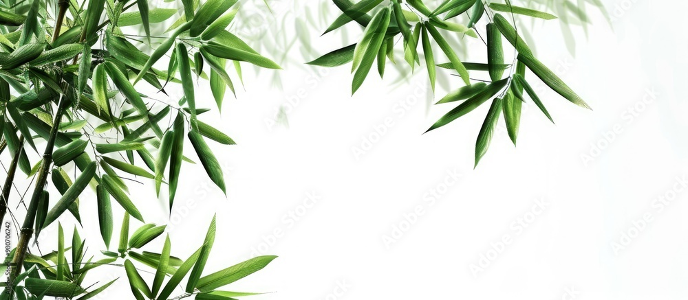 Fototapeta premium White background with bamboo leaves providing copy space image