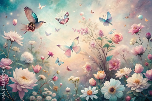 Delicate pastel art collage features blooming flowers, fluttering butterflies, and birds surrounded by soft, whimsical textures and shapes in a dreamy, ethereal atmosphere.