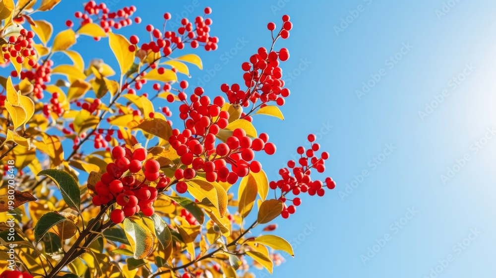 Red Berries and Yellow Leaves Against a Blue Sky Red Berries and Yellow Leaves Against a Blue Sky