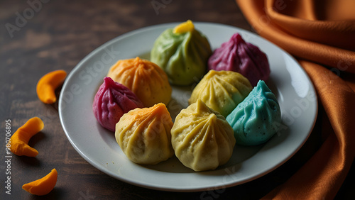 Ganesh Chaturthi celebration with colorful modaks on a plate  traditional Indian sweets. photo