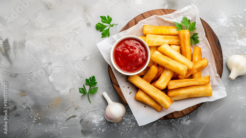 Crispy fried cassava sticks served with tangy dipping sauce, garnished with fresh parsley and garlic. This delicious snack is perfect for sharing and enjoying with friends. photo