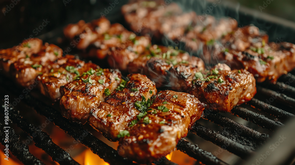 Grilled meat sizzling on barbecue, garnished with herbs, creates mouthwatering scene. smoky aroma and juicy texture evoke sense of deliciousness and outdoor enjoyment. Grilled meat sizzling on barbecue, garnished with herbs, creates mouthwatering scene. smoky aroma and juicy texture evoke sense of deliciousness and outdoor enjoyment.