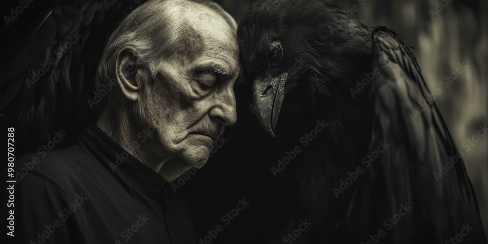 A man with a crow touching foreheads. A man with a crow touching foreheads.