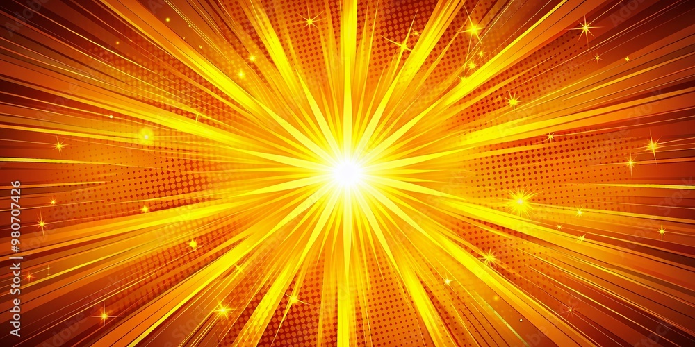 Vibrant yellow and orange starburst explodes in a mesmerizing half-tone background, radiating dynamic energy and warmth in a stunning abstract composition. Vibrant yellow and orange starburst explodes in a mesmerizing half-tone background, radiating dynamic energy and warmth in a stunning abstract composition.