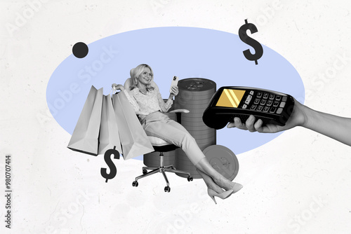 Foto Creative collage image mature businesswoman terminal payment pos rich wealthy ea