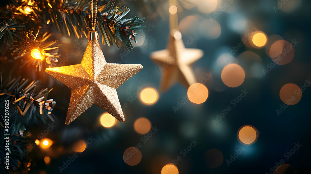 A Close-Up View of a Glittery Gold Star Ornament Hanging on a Christmas Tree with Warm Bokeh Lights in the Background A Close-Up View of a Glittery Gold Star Ornament Hanging on a Christmas Tree with Warm Bokeh Lights in the Background