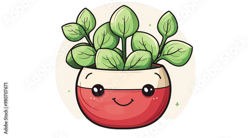 A cute cartoon illustration of a potted plant with a smiling face. The plant is green and the pot is red with a white rim.