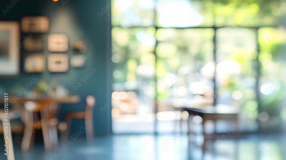 Blurred Abstract Background of a Cafe Interior with a Window View of Trees and Sunlight Blurred Abstract Background of a Cafe Interior with a Window View of Trees and Sunlight