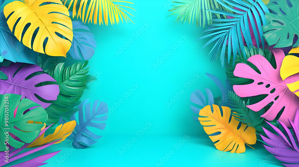 3D Rendered Colorful Tropical Leaves on a Bright Teal Background, Creating a Summery and Vibrant Aesthetic 3D Rendered Colorful Tropical Leaves on a Bright Teal Background, Creating a Summery and Vibrant Aesthetic