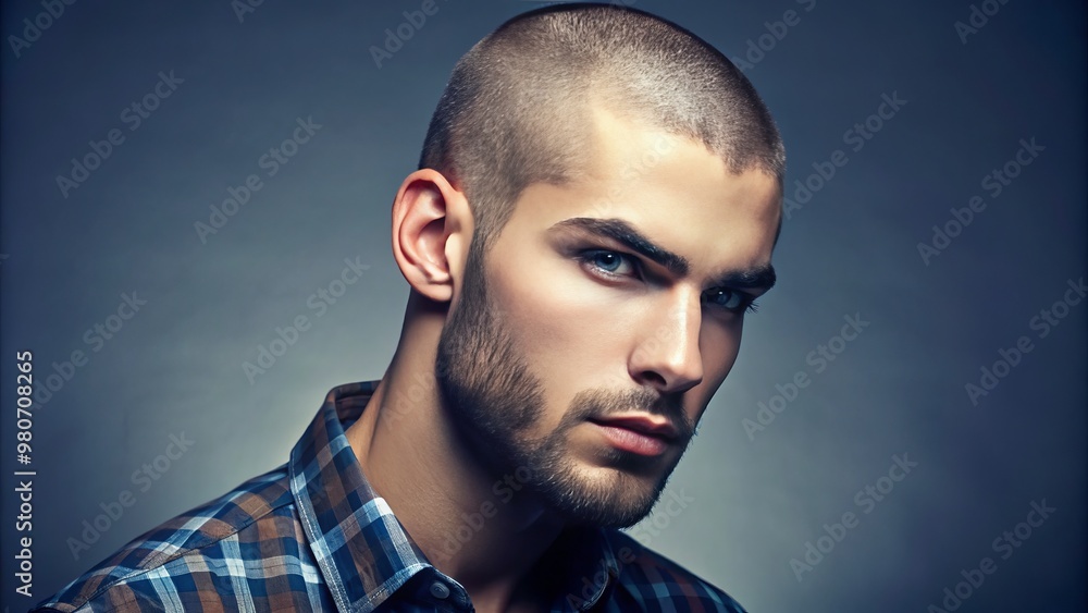 The model's buzz cut is redefined with varied lengths and faded styles, emphasizing his chiseled features and The model's buzz cut is redefined with varied lengths and faded styles, emphasizing his chiseled features and