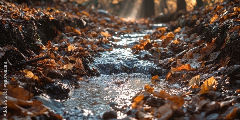 Fototapeta premium Stream flowing through fallen leaves in the forest.