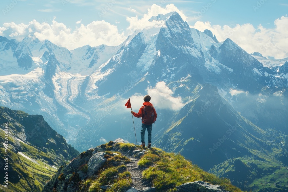 Adventurous Hiker Stands Atop Rugged Mountain Peak Overlooking Breathtaking Alpine Landscape Adventurous Hiker Stands Atop Rugged Mountain Peak Overlooking Breathtaking Alpine Landscape