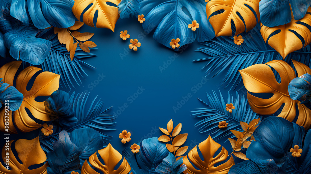 Abstract summer jungle background with gold and blue leaves. Generative AI Abstract summer jungle background with gold and blue leaves. Generative AI