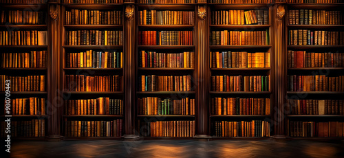 A cozy library filled with old books neatly arranged on wooden shelves, creating a warm atmosphere for reading and learning. photo