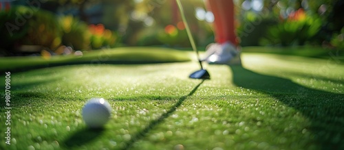 Engaging summer activity outdoor mini golf on lush green course Players aim for victory embodying a competitive lifestyle amid crossed golf sticks Background for text copy space image photo