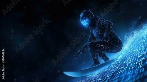 A futuristic surfer in a glowing digital ocean, showcasing innovation and adventure in a virtual landscape.