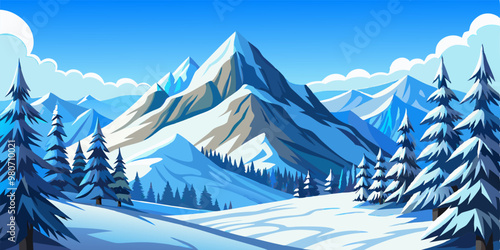 A picturesque winter landscape featuring a snow-capped mountain range, a serene forest, and a breathtaking blue sky, perfect for evoking a sense of tranquility and wonder. photo