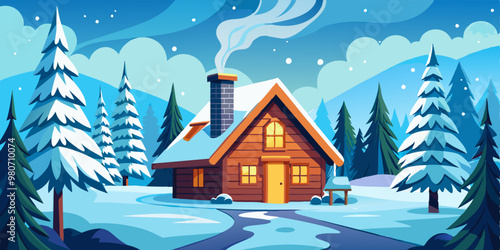 A cozy cabin nestled in a snowy forest, perfect for escaping the cold and enjoying the peace of nature. The cabin is decorated with warm lights and a chimney that's puffing out smoke.